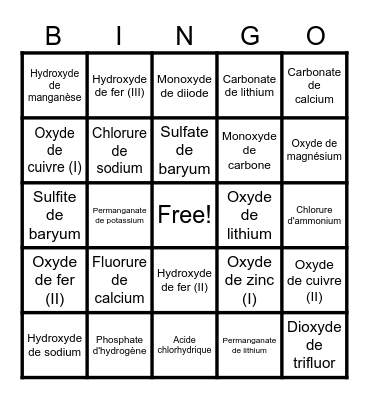 Nomenclature Bingo Card
