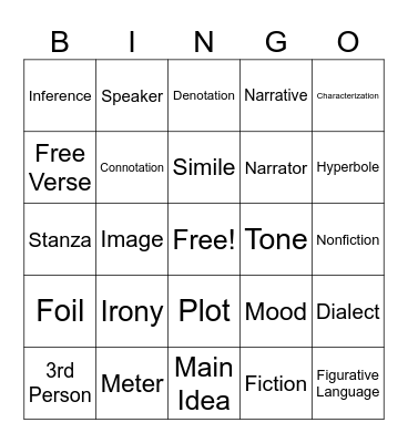 EOC Vocabulary Bingo Card