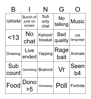 Yt live bingo Card