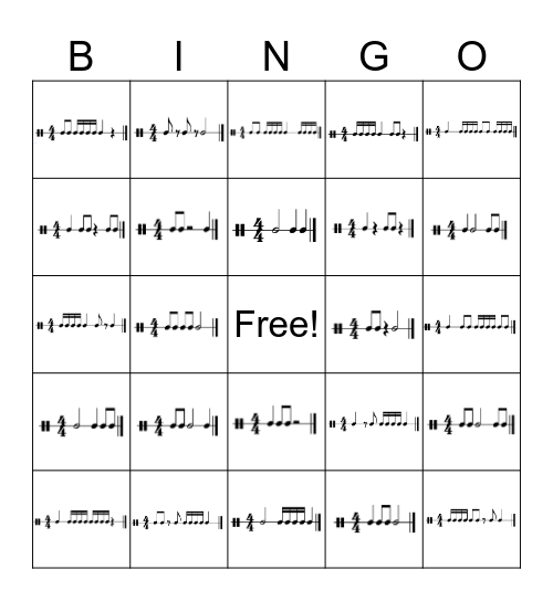 Rhythm Bingo: Half, Quarter, Eighth Notes and 16th Notes Bingo Card