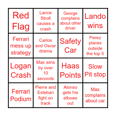 Monaco Grand Prix Bingo Card