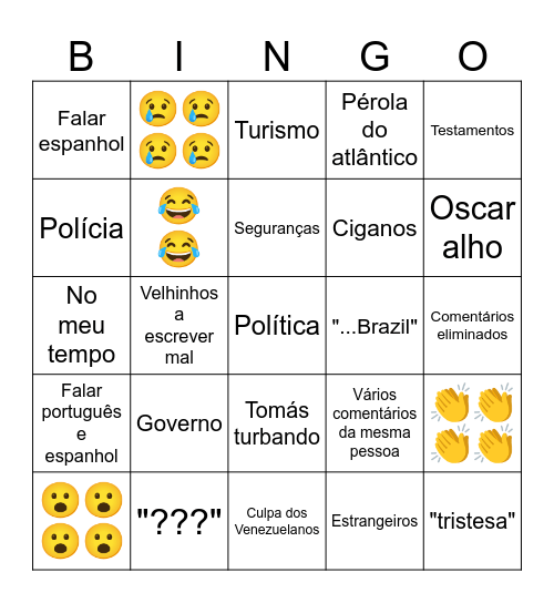 Comentários do JM(insta) Bingo Card