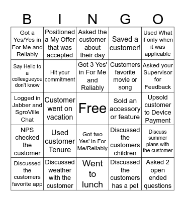 SgroVille Connection Bingo Card