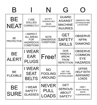 Sheridan Safety Bingo Card