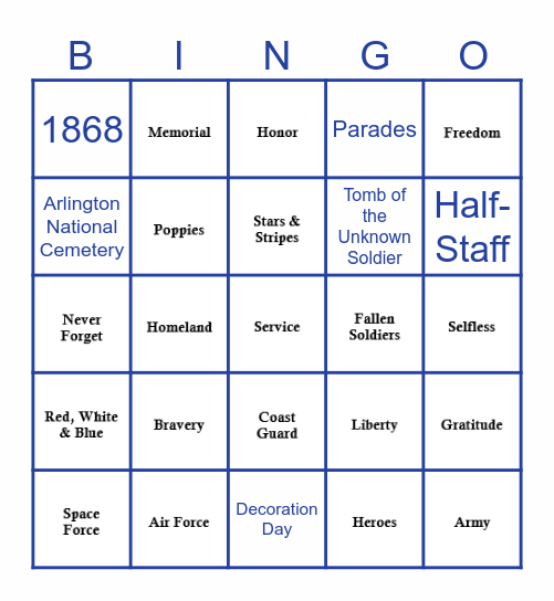 Memorial Day Bingo Card