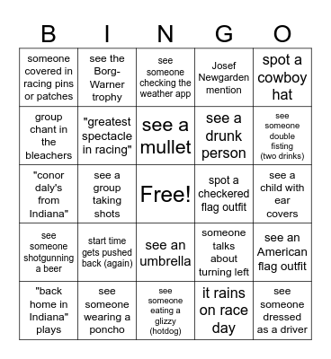 INDY 500 Bingo Card