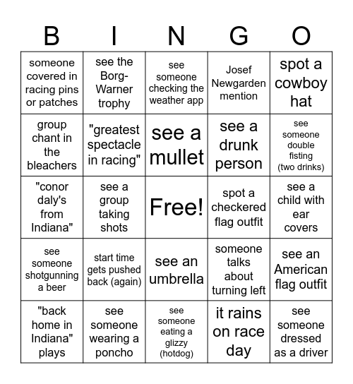 INDY 500 Bingo Card