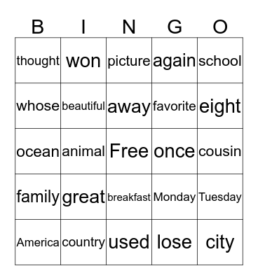 Trick Word BINGO Card