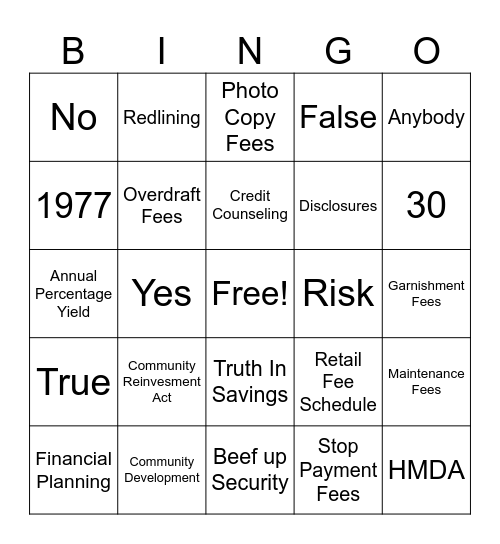 CRA/ REG DD Bingo Card