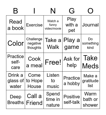 Coping Skills Bingo Card