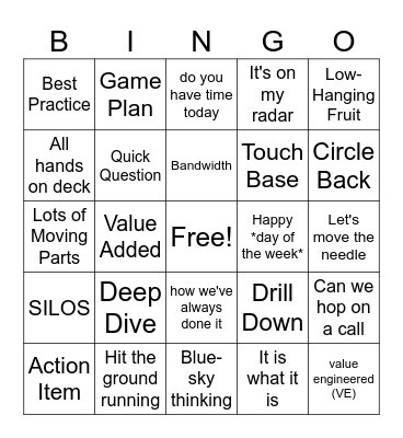 Corporate Bingo Card