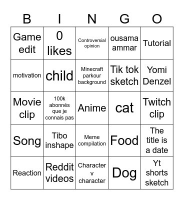 YouTube shorts Bingo Card