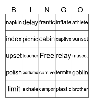 2 Syllable BINGO Card