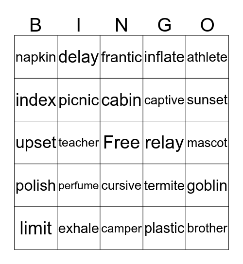 2 Syllable BINGO Card