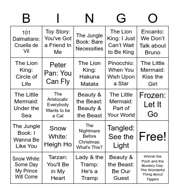 Disney Song Bingo Card
