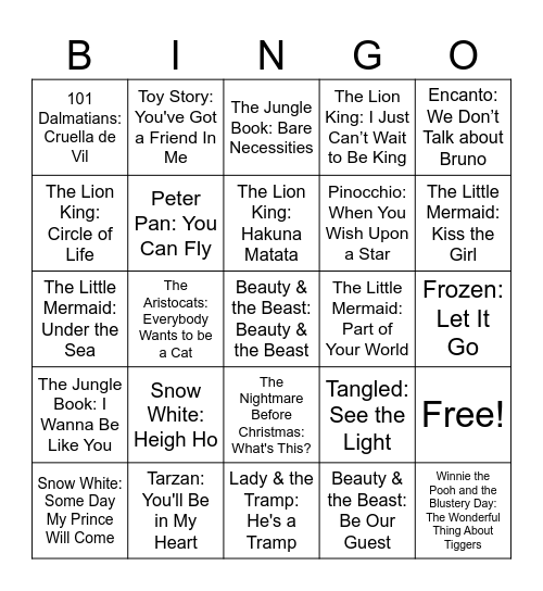 Disney Song Bingo Card