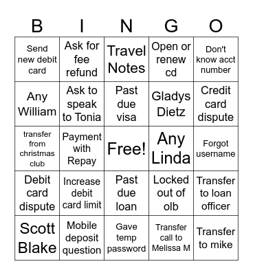 Call Center Bingo Card