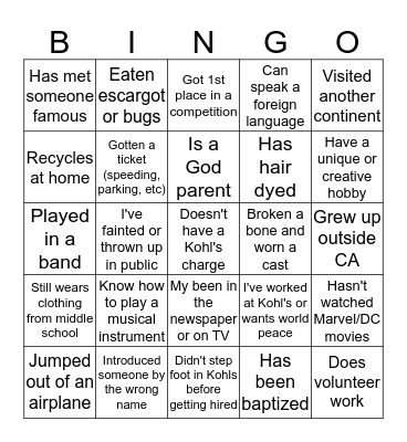 Life Experience Bingo Card