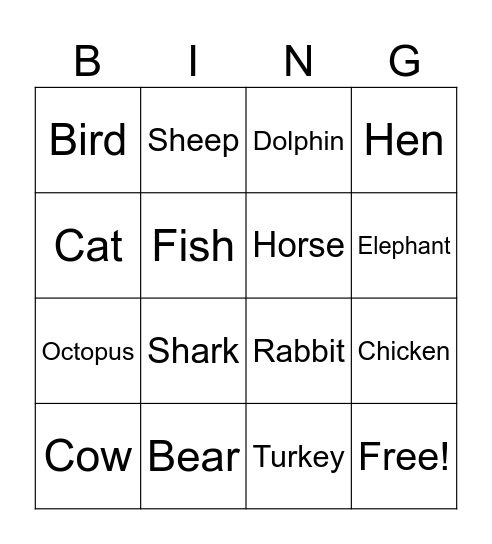 ANIMALS Bingo Card