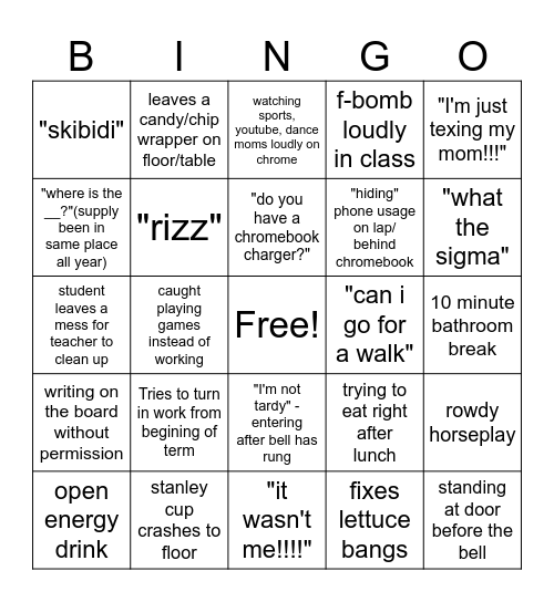 EOY Middle School BINGO Card