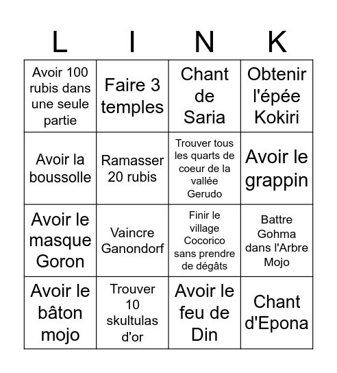 Ocarina of Time Bingo Card