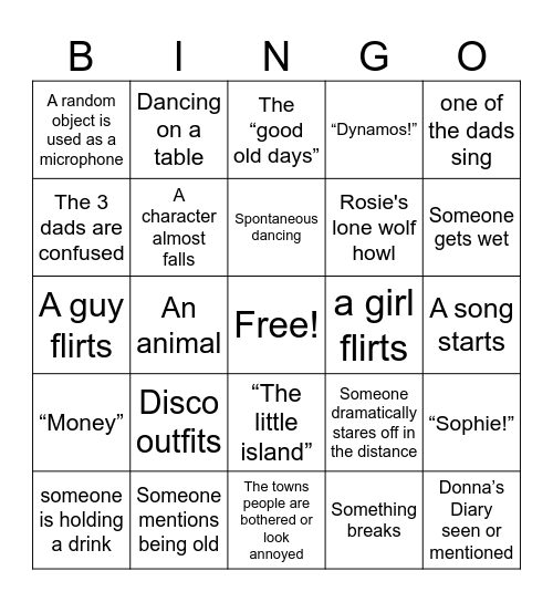 Mamma Mia Movie Bingo Card