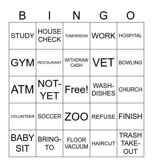 Activities and Chores (SN 5) Bingo Card