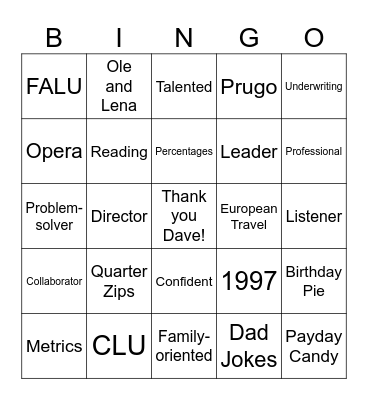 Thank You Dave! Bingo Card