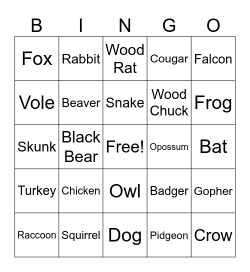 Missouri Animals Bingo Card