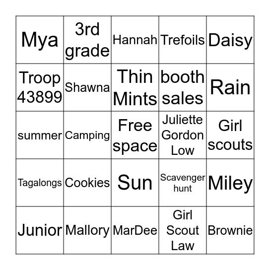 Girl Scouts Bingo Card