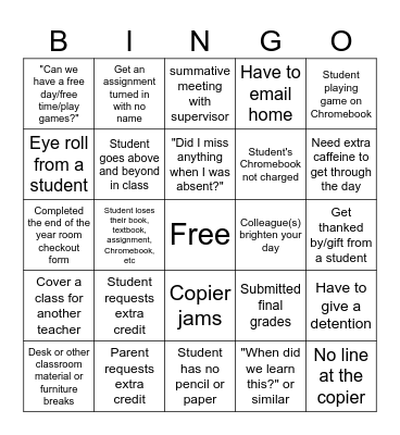 Teacher End-of-the-Year Bingo Card