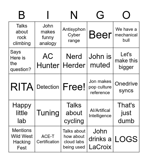 The SOC core skills bingo Card