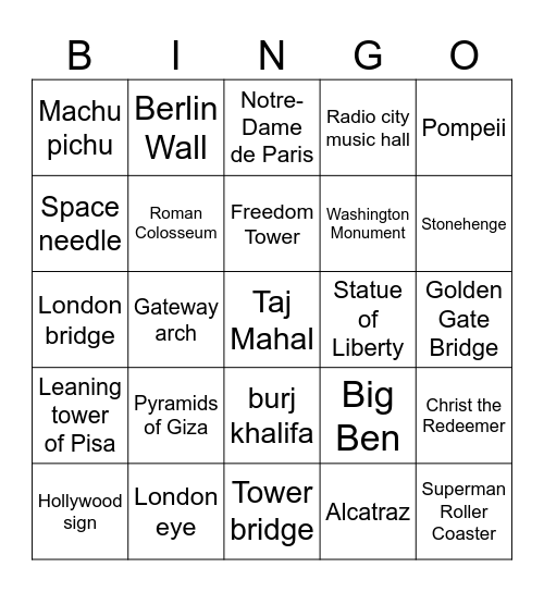 Famous Landmarks Bingo Card