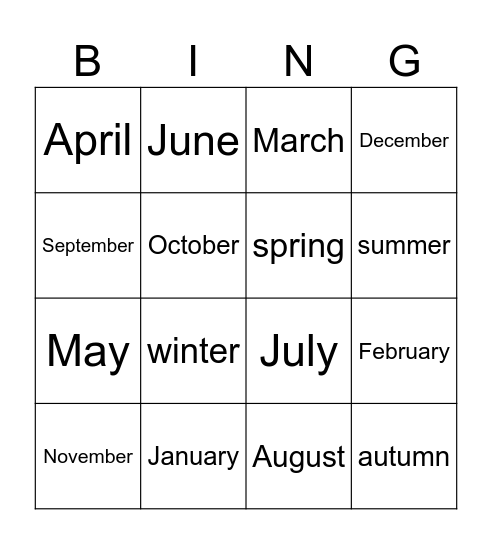 Months and seasons Bingo Card