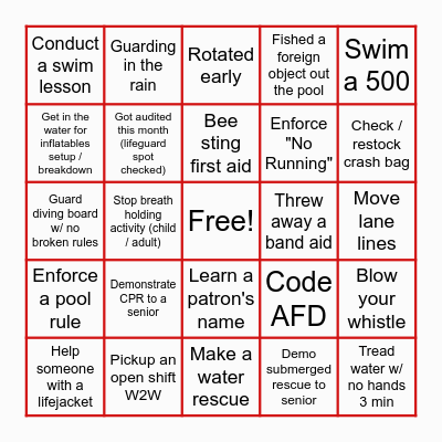 Blackout Lifeguard Bingo Card