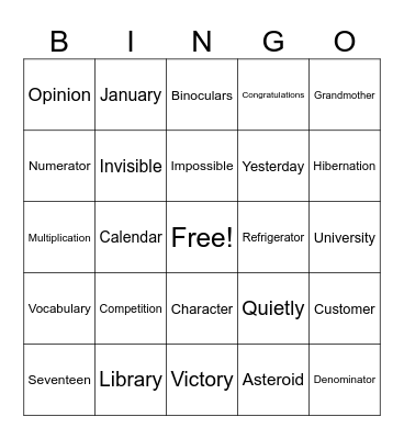 (3-4) Multisyllabic Words Bingo Card