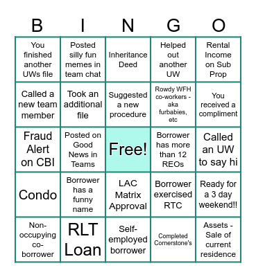 Underwriting Bingo Card