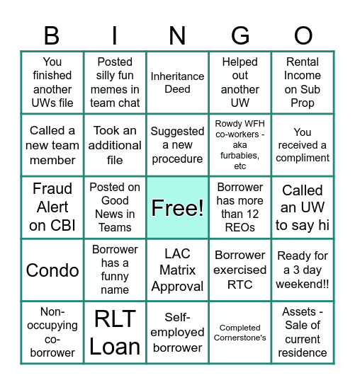 Underwriting Bingo Card