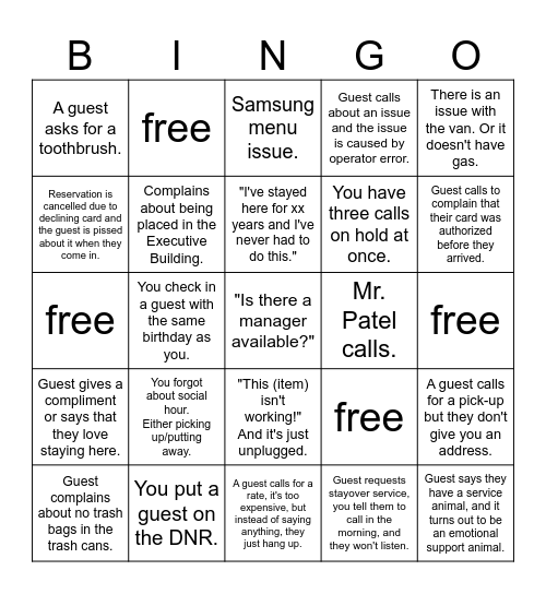 Front Desk Bingo Card