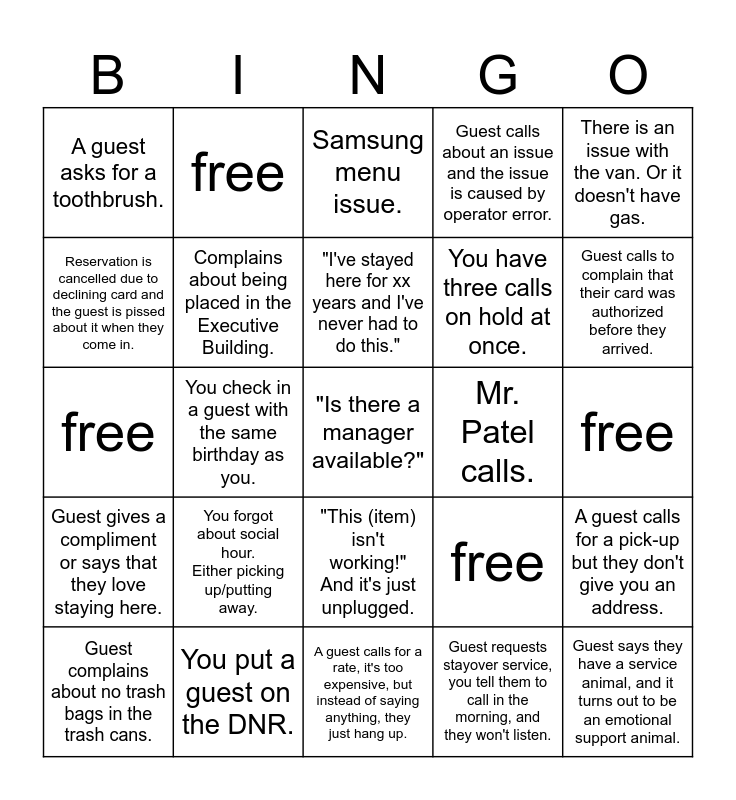 Front Desk Bingo Card