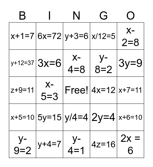 One Step Equations Bingo Card