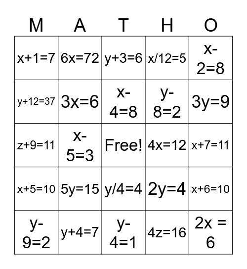 One Step Equations Bingo Card