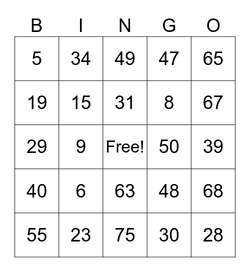 Number Bingo Card