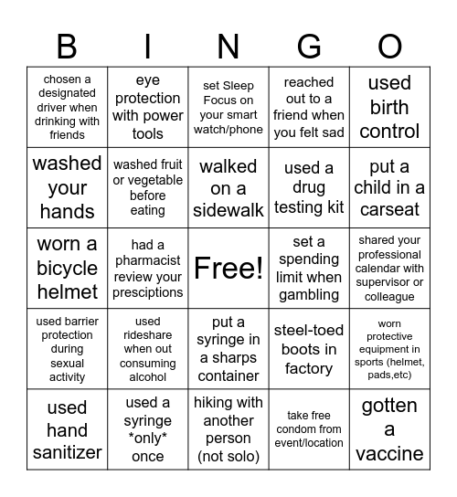 Harm Reduction Bingo Card