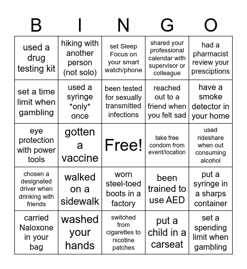 Harm Reduction Bingo Card