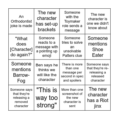Character Release Bingo Card