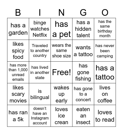 Mingle Bingo Card