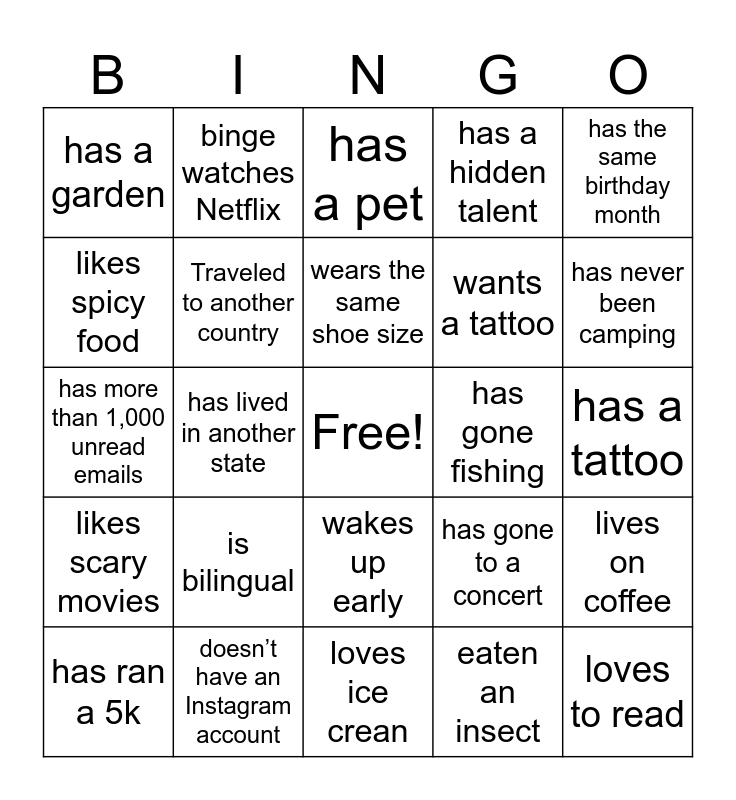 Mingle Bingo Card