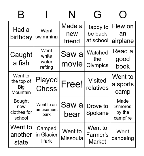 Back to School Bingo Card