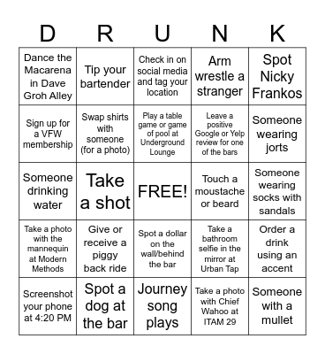 BAR HOP BINGO Card